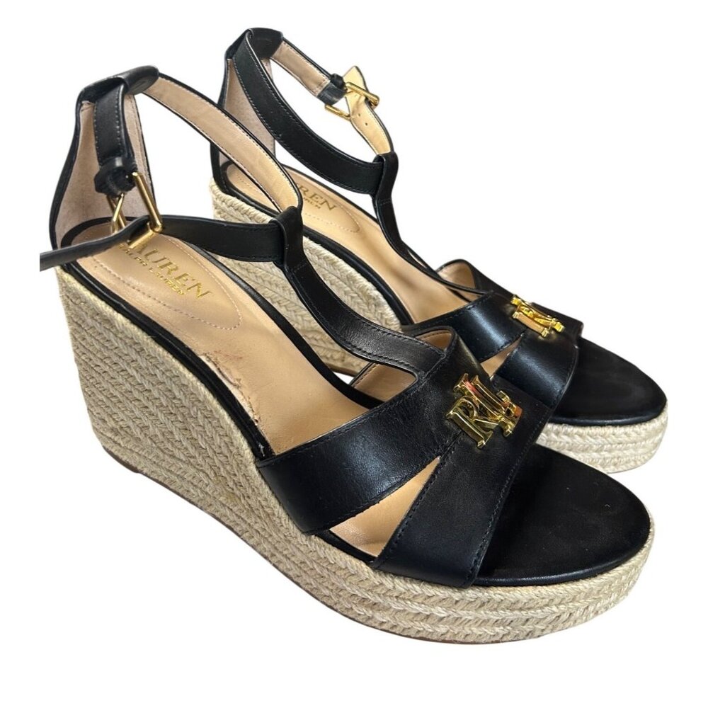 Ralph Lauren Hale Black Leather Espadrille Wedge Sandals Size 8.5 Buckle LRL - Picture 7 of 10
